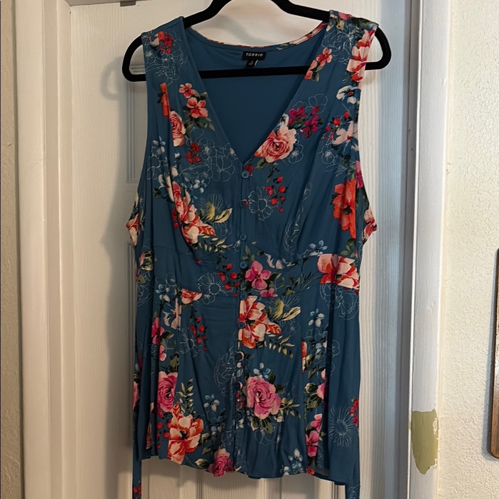 Torrid Floral V-Neck Top in Blue and Pink